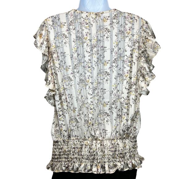 Pleione Floral Blouse Women's Size Medium Sheer Flutter Sleeve Romantic Feminine - Picture 2 of 7